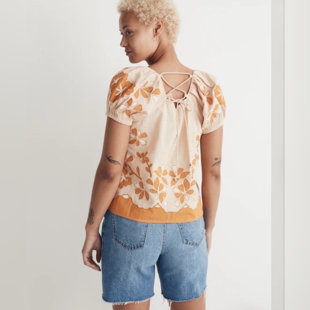 Madewell‎ Embroidered Scallop-Hem Puff-Sleeve Top NL039 Pink Mustard M - Picture 9 of 12